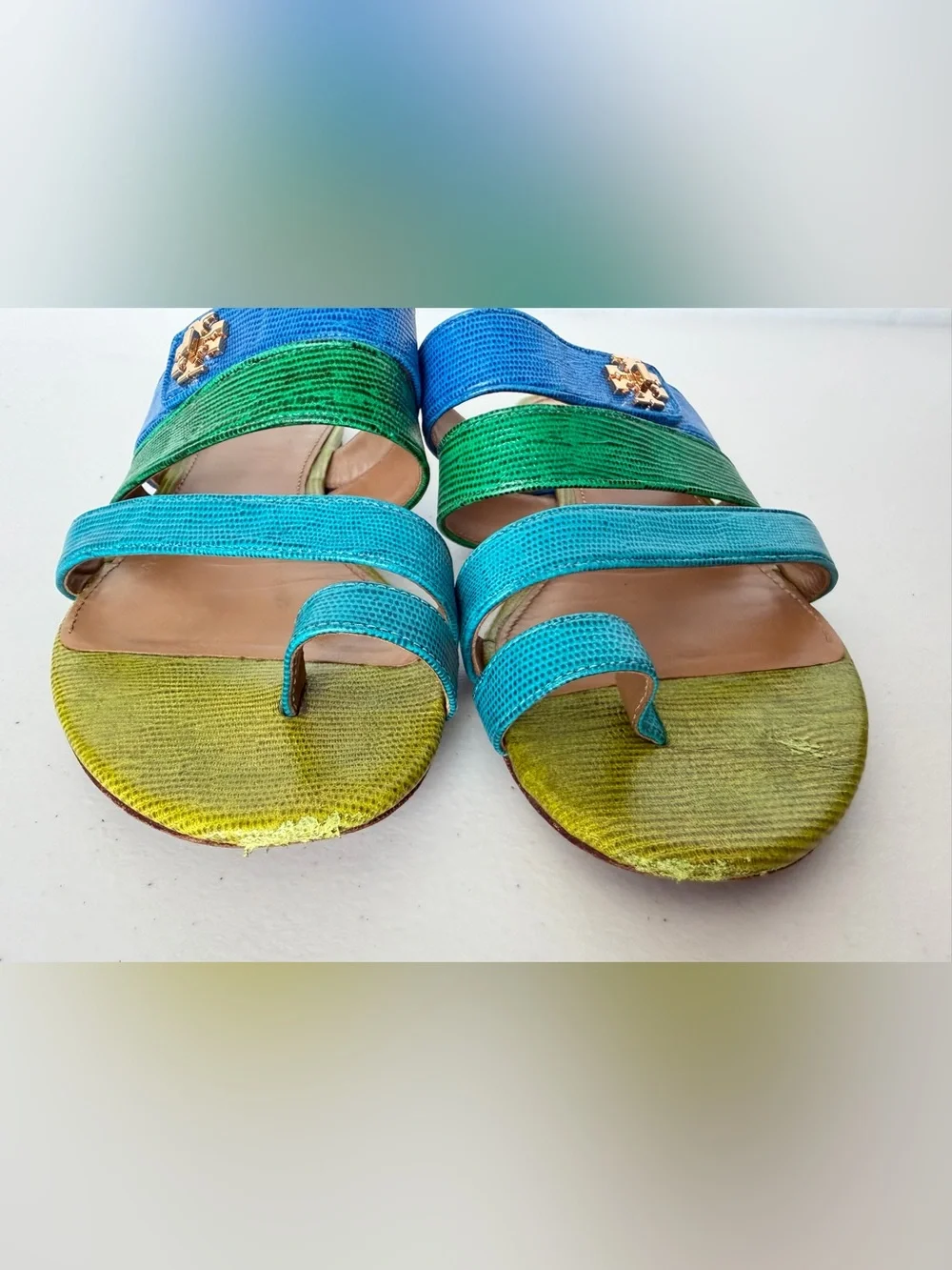 Tory Burch Kira Toe Ring Sandals Blue Green Leather Size 8 M